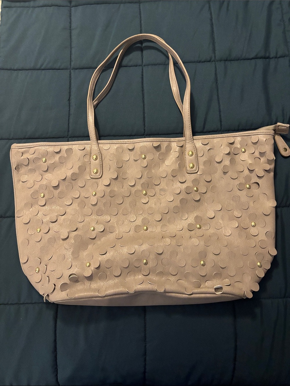 Stylish Floral Perforated Tote Bag in Beige tan